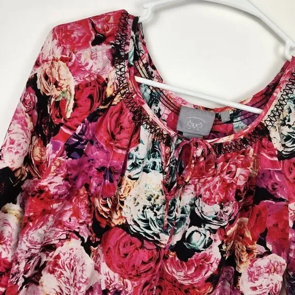 ANTHROPOLOGIE VANESSA VIRGINIA WOMENS XS FLORAL ROSE SILK BLOUSE TOP CUT OUTS - Picture 2 of 6